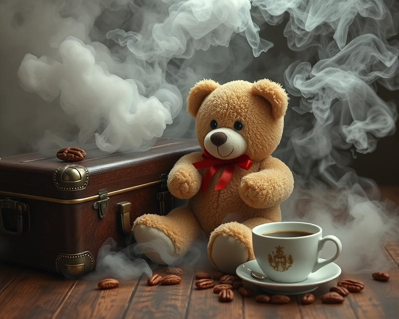 smoke, teddy bear, suitcase, pecan, coffee